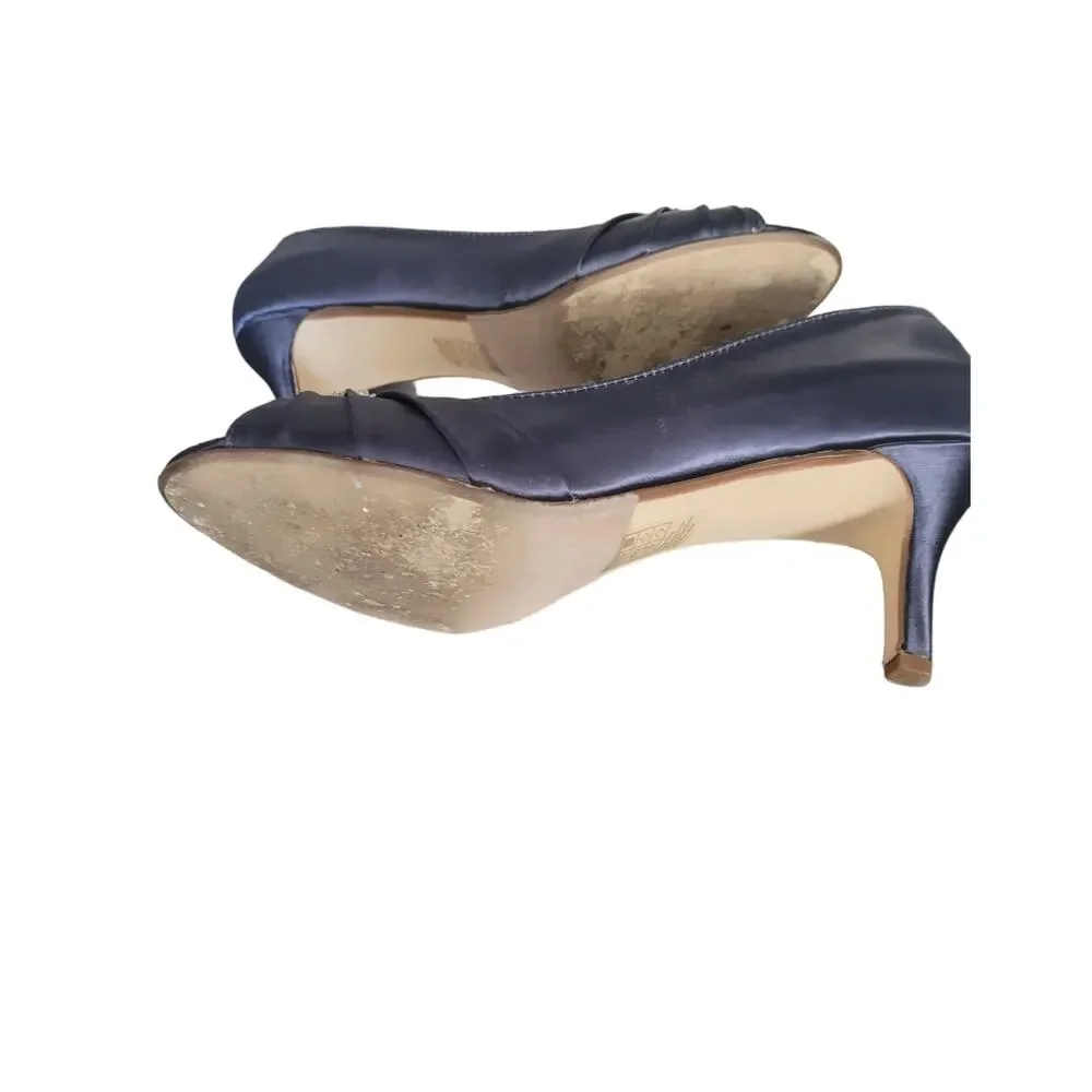 Benjamin Walk Women's Peep Toe Blue Satin Dress Casual Heels w/ Rhinestone Sz 10